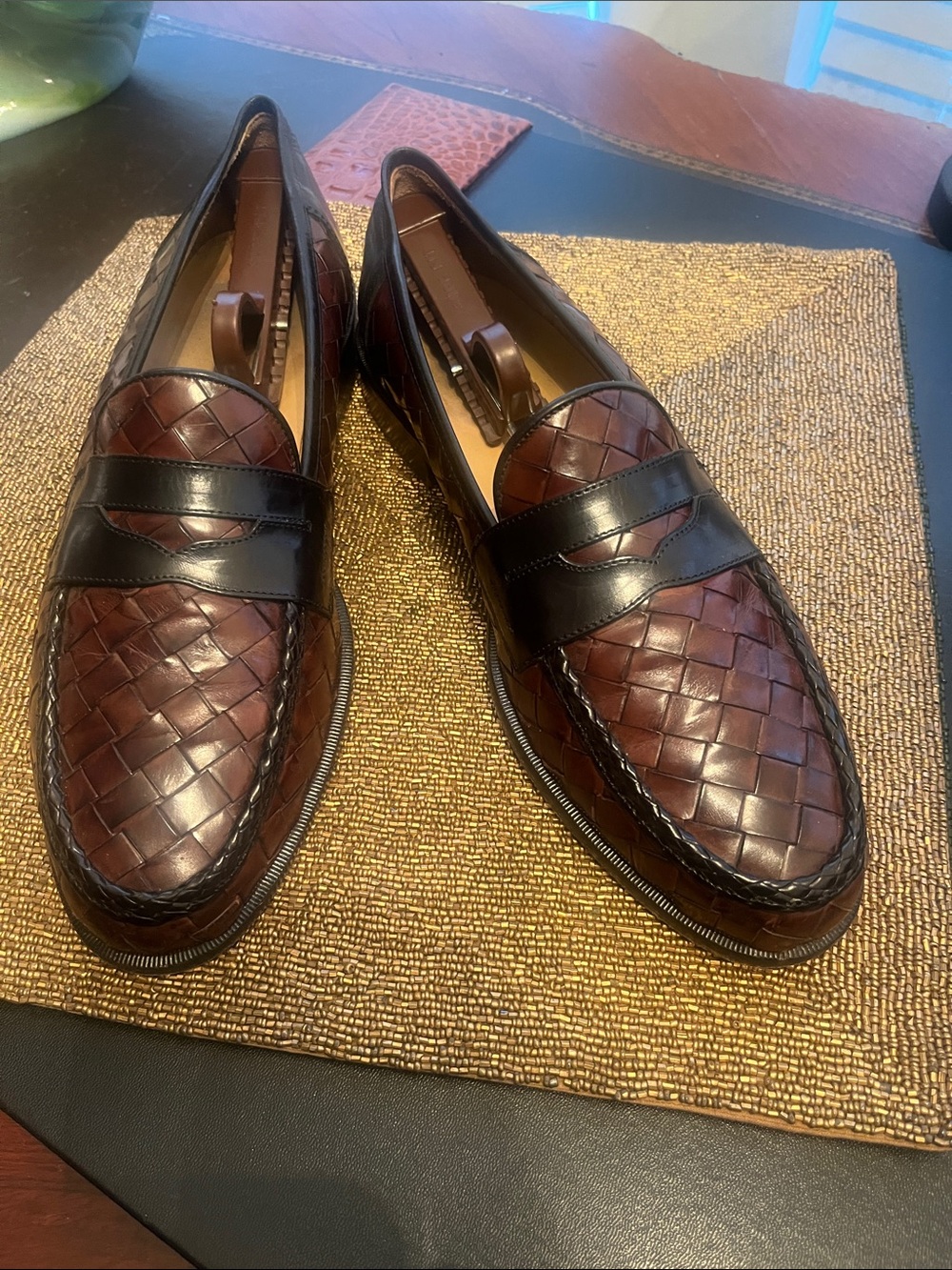 Johnston & Murphy Brown Woven Leather Penny Loafers with Black Strap
